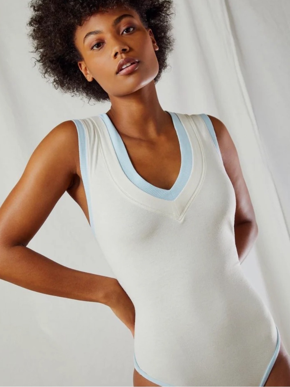 Intimately Free People Cozy Cool Girl Ivory Cream White Blue V Neck Bodysuit Med
